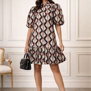 YAKIRA Bella Elegant Geometric Puff Sleeve,pocketed, Mini Dress